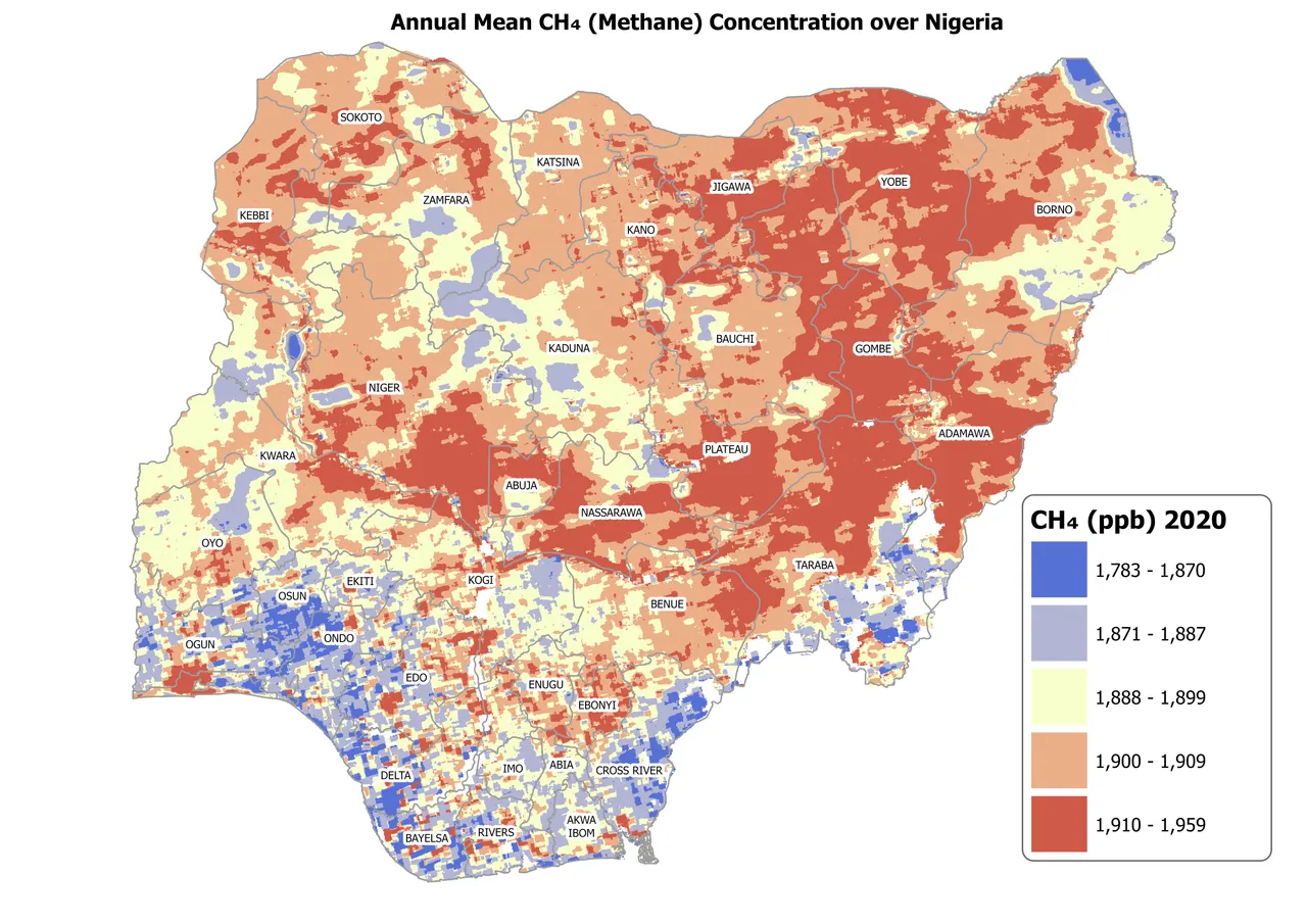 Choropleth map of Nigeria showing annual mean methane concentration in 2020, 1,783 – 1,959 ppb, with state boundaries and labels.