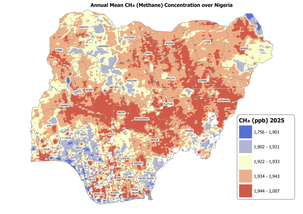 Choropleth map of Nigeria showing annual mean methane concentration in 2025, 1,756 – 2,007 ppb, with state boundaries and labels.