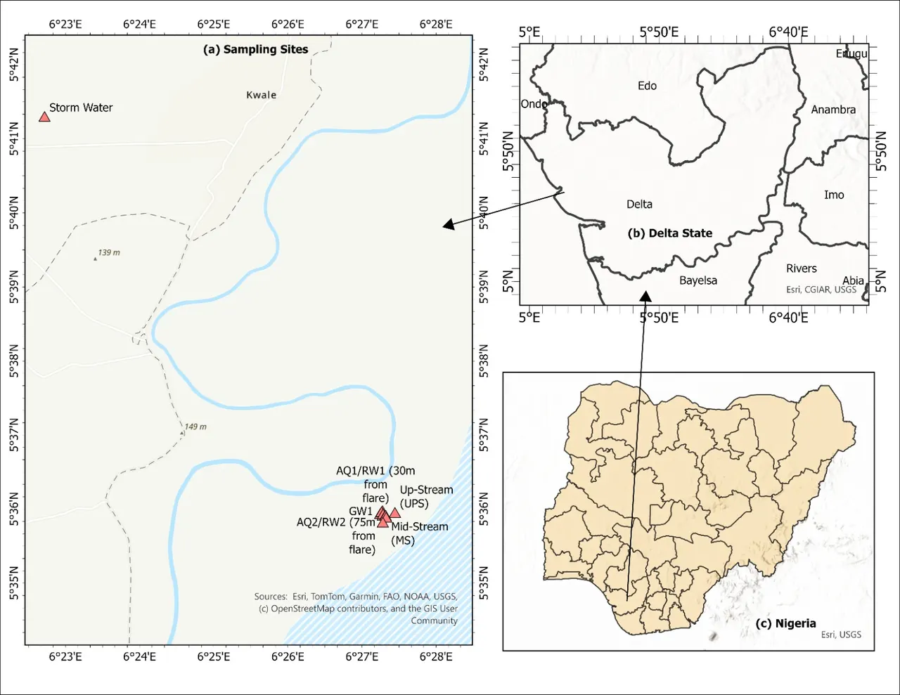 Location map of six sampling sites near Kwale beside a meandering creek, with locator insets of Delta State and Nigeria.