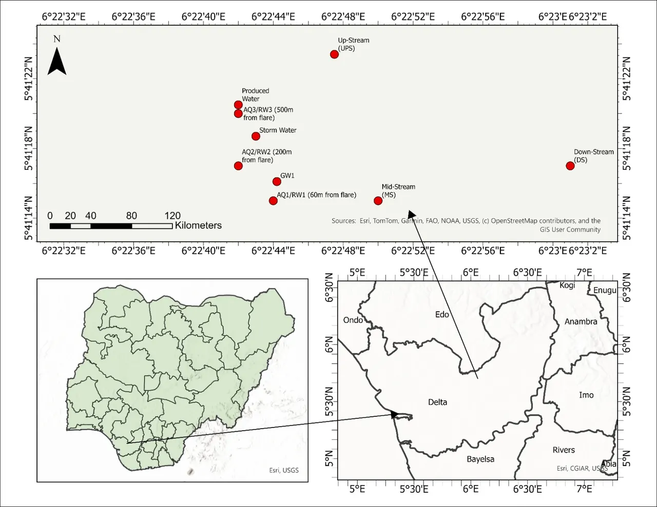 Point map of nine sampling stations around a flow station, with locator maps of Nigeria and Delta State below.