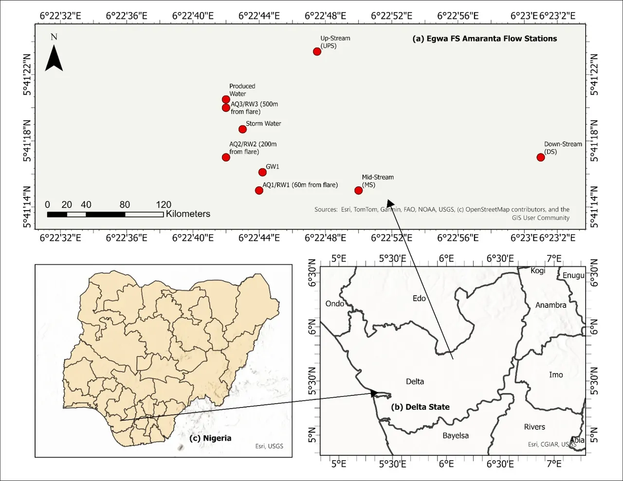 Point map of nine sampling stations at the Egwa and Amaranta flow stations, with locator maps of Nigeria and Delta State below.