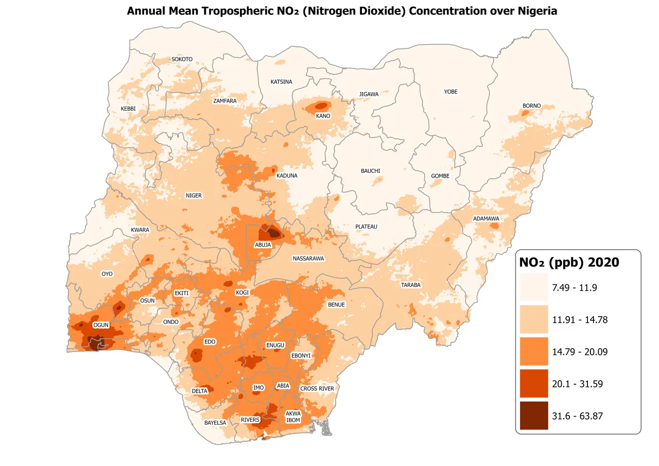 Choropleth map of Nigeria showing annual mean nitrogen dioxide concentration in 2020, 7.49 – 63.87 ppb, with state boundaries and labels.