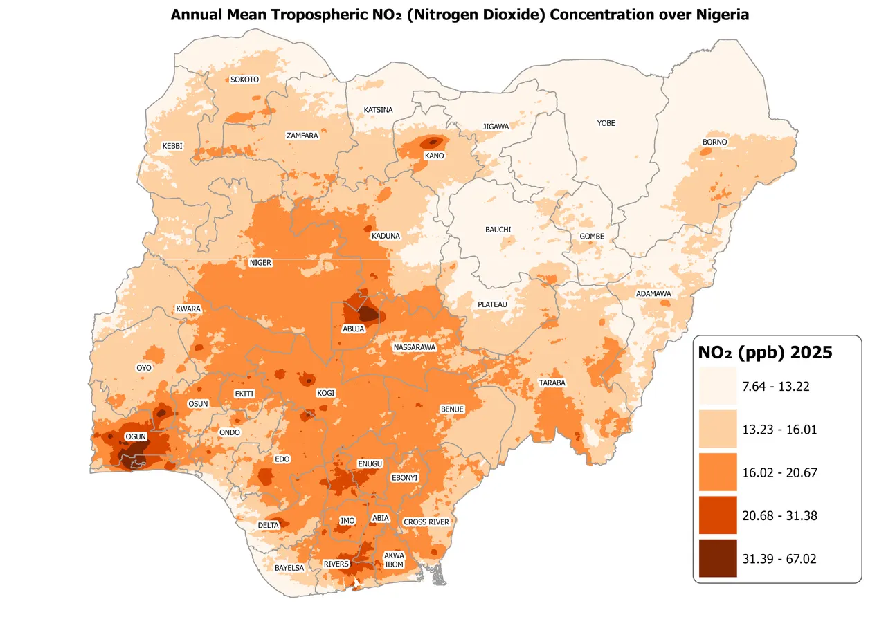Choropleth map of Nigeria showing annual mean nitrogen dioxide concentration in 2025, 7.64 – 67.02 ppb, with state boundaries and labels.