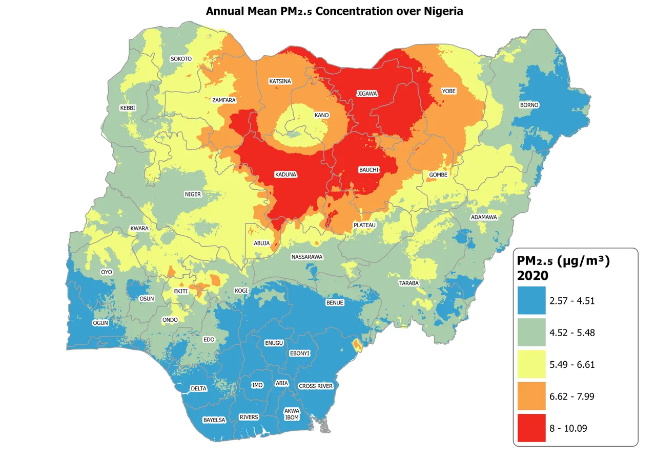 Choropleth map of Nigeria showing annual mean fine particulate matter concentration in 2020, 2.57 – 10.09 µg/m³, with state boundaries and labels.