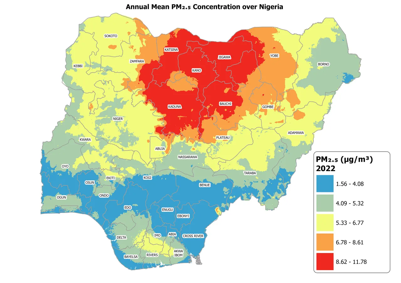 Choropleth map of Nigeria showing annual mean fine particulate matter concentration in 2022, 1.56 – 11.78 µg/m³, with state boundaries and labels.